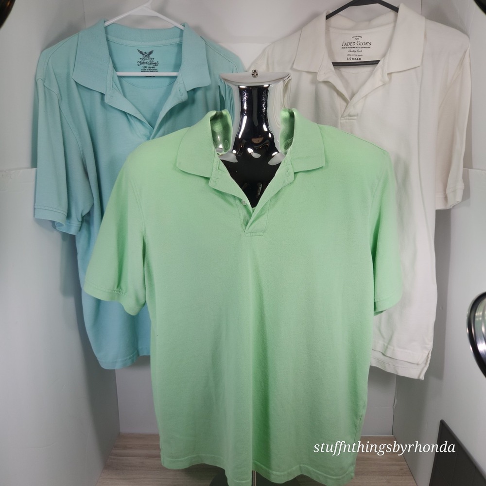 Men's Faded Glory Polo Shirts Size L 42-44‎ Cotton Polyester Short Sleeve